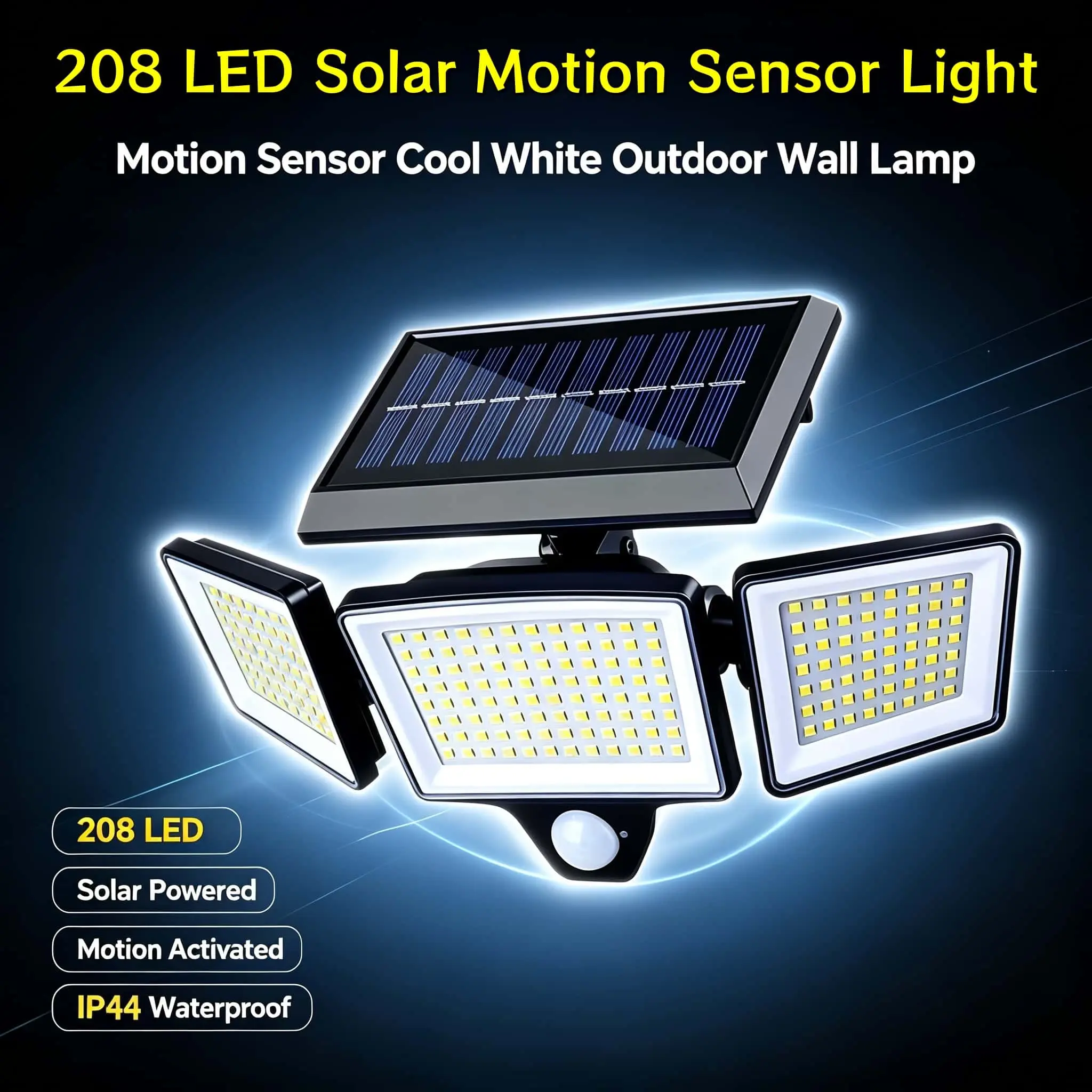 Greenlume 1/2 Pack Solar Outdoor Motion Sensor Lights, 3 Heads 270° Wide Angle Security Flood Lights, IP44 Waterproof Solar Powered Street Area Light with 3 Lighting Modes for Yard Patio Garage Driveway Walkway