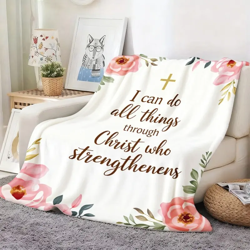Religious Themed Flannel Fleece Throw Blanket - "I Can Do All Things Through Christ" Pink Floral & Golden Cross Bible Verse Print, Ultra-Soft, Lightweight, Anti-Pilling, No-Shed, Breathable, All-Season Cozy Decor for Sofa Couch, Letters, Wrinkle Resistant