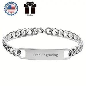 Personalized ID Bracelet - Stainless Steel 10mm Cuban Curb Link Chain, Custom Engraved Bar Bangle (20-22cm), Unisex Fit, Gift Box Included, Personalized Jewelry, Customized Gifts, Minimalist Daily Wear