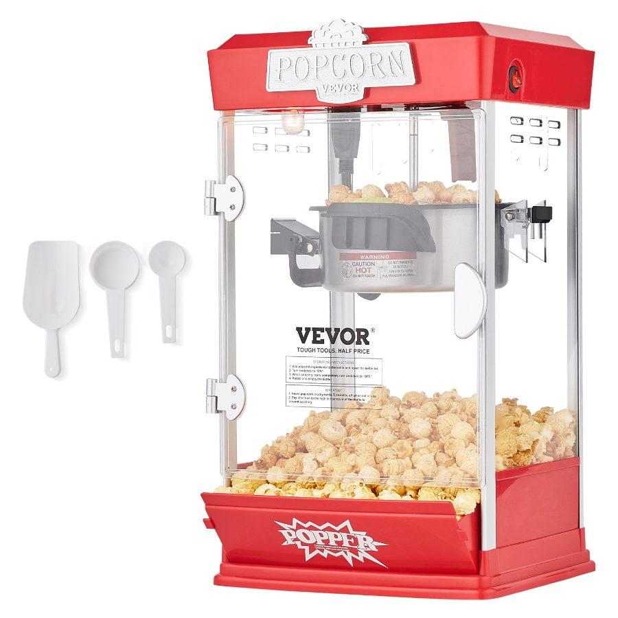 VEVOR Popcorn Maker, 480W Popcorn Popper Machine, 4 Oz Kettle Makes 1.5 Gallon per Batch, Tabletop Popcorn Maker, Includes 3 Scoops, Movie Theater Style, Red
