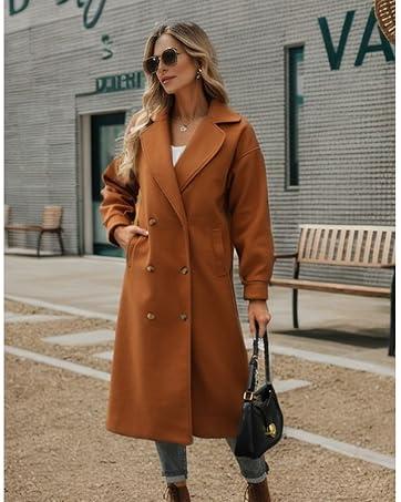 Women's Long Coat Notched Lapel Collar Double Breasted Pea Coat Winter Elegant Wool Blend Over Coats Jackets