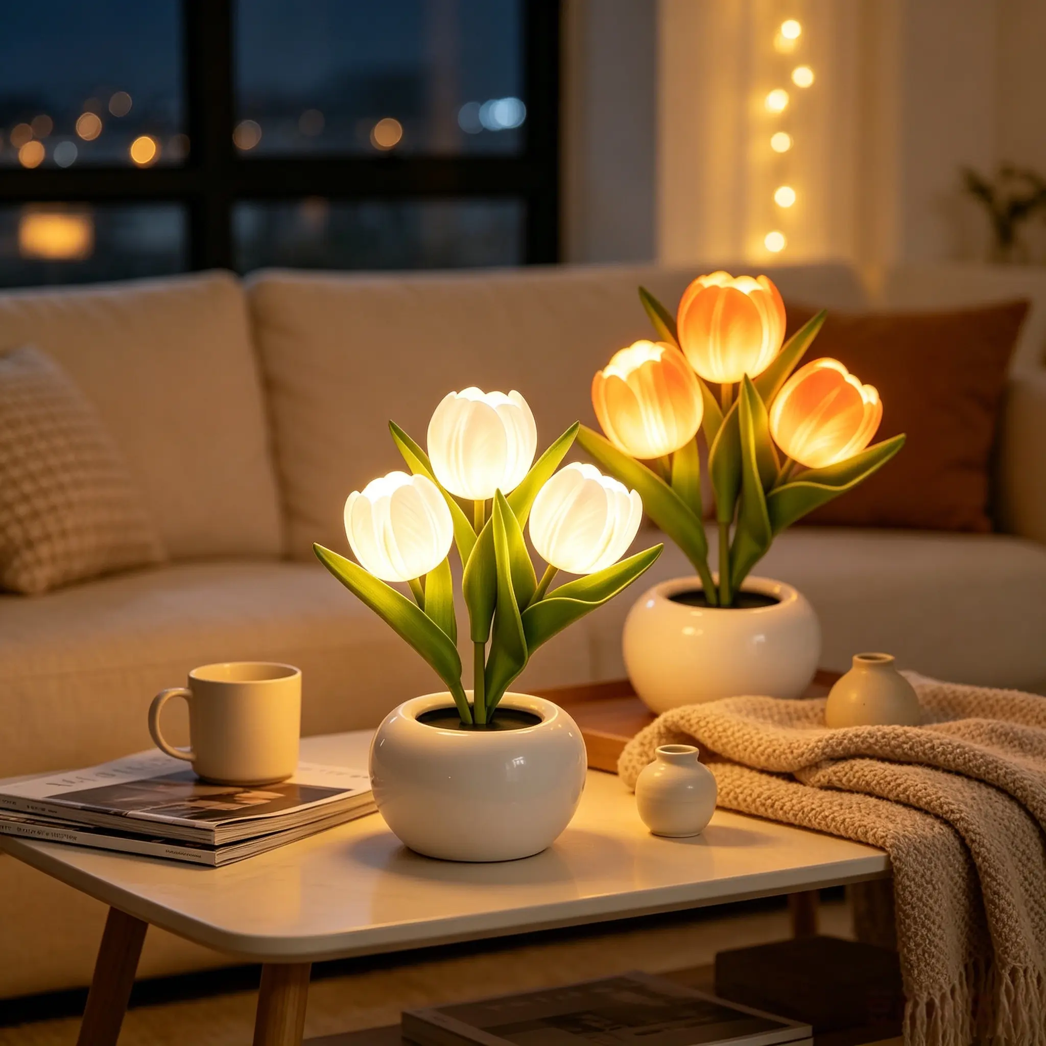 Tulip Ceramic Artificial Flower Arrangement with Warm LED Light, Battery-Powered Nightlight, Mood Decorative Lights, Perfect Gift for Graduation, Birthday, Anniversary, Battery Operated Lights, Decorative Atmosphere Lighting