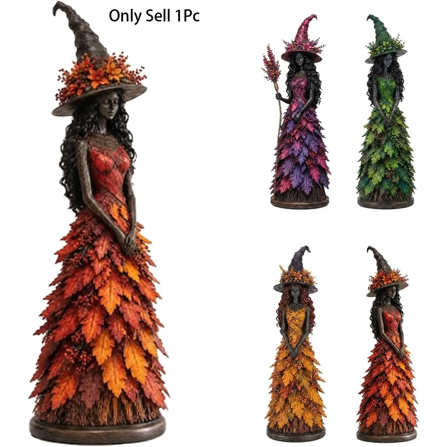 Magic Autumn Witch Statue, Halloween Tabletop Decoration, Resin Witch Figurine with Leaf Robe, Seasonal Fireplace Ornament, Home Decor