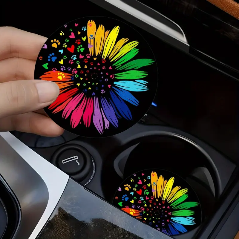 2pcs Colorful Sunflower Car Cup Holder Coasters, Cute Heart & Paw Print Aesthetic Drink Holder Mats, Round Non-Slip Car Cup Pads, Pet Lover Car Interior Decor Accessories, Universal Vehicle Gift for Women Men