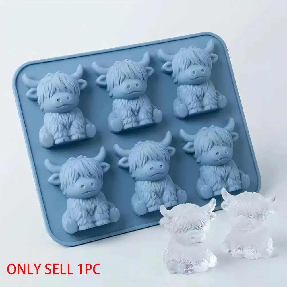 1 Piece Mini Highland Cow Ice Cube Mold, Cute 3D Cow Shape Silicone Ice Tray with 6 Cavities, Reusable Funny Farm Animal Dessert Molds, Perfect for Whiskey Beverages Bar Party Birthday Gift Supplies