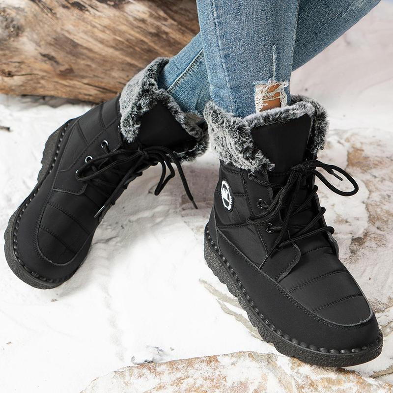 Women's Snow Boots Insulated Waterproof Winter Boots for Women Warm Fur Lined Booties High-heeled Snow Boots Lace-Up Mid-Calf Design Faux Fur Cozy Warm Black