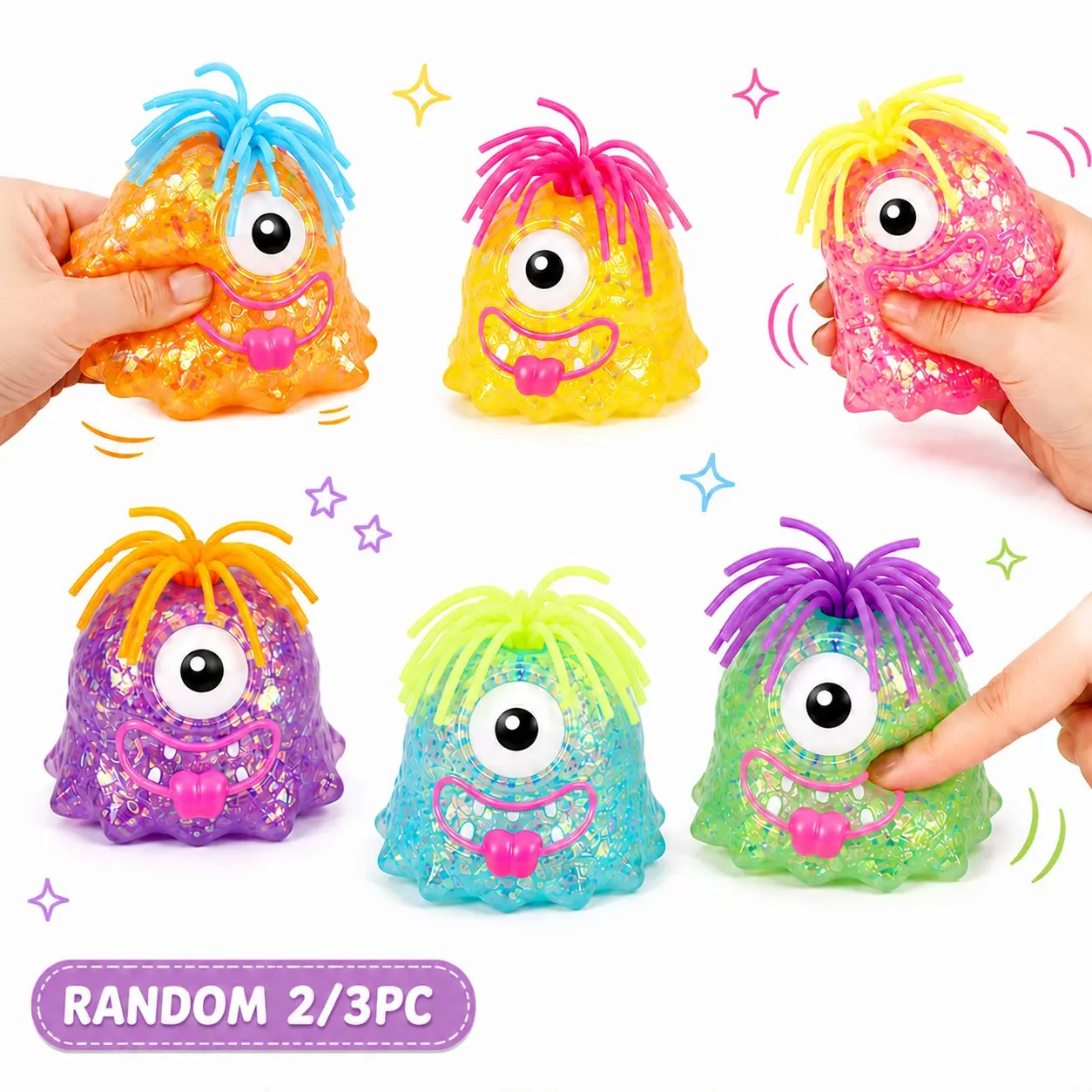 2/3 Piece Random Color Bright Hair Pulling Monster Fidget Toys - Soft Slow Rising Stress Relief Sensory Toy - Halloween Monster Sensory Toys, Cute Animal Fidget Toys, Squeeze Sensory Toy for Teens and Adults, Stress Ball, Washable