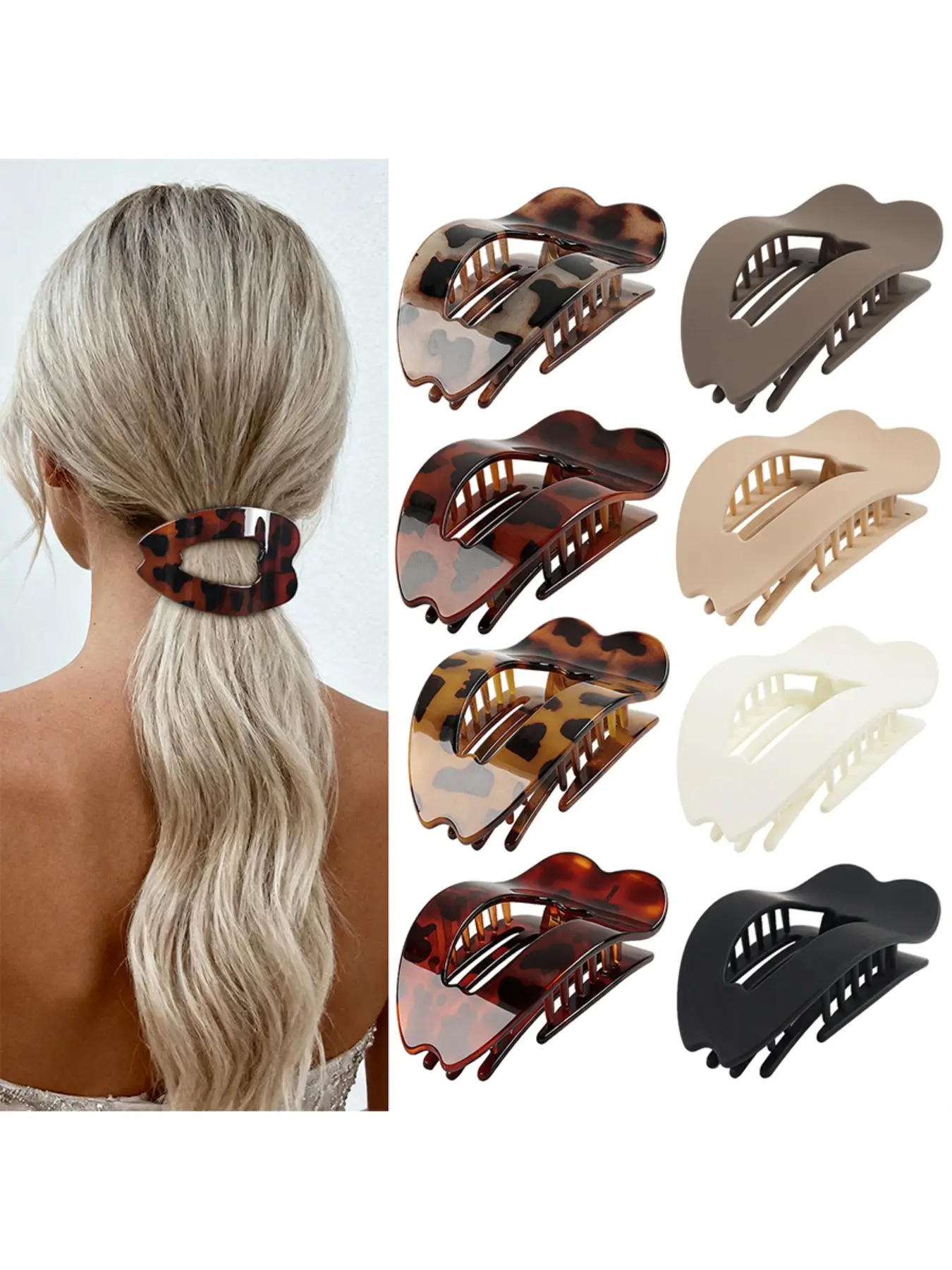 Flat Hair Clips for Women - Stylish French Lay Down Flat Claw Clips for Thick Thin Hair, Comfortable Curved Large Flat Clips, Leopard Print Non-Slip Strong Hold Hair Accessories, Tortoise Pack of 8