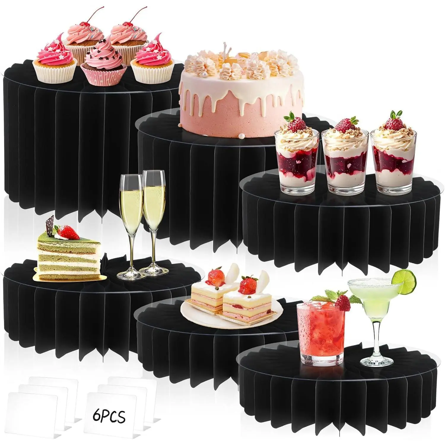 6 count Buffet Risers,  Risers for Table, Foldable Cake Display Stands, Tall Cardboard Cupcakes Stand for Show Catering Desserts  Wedding Birthday Party Decoration (Black)