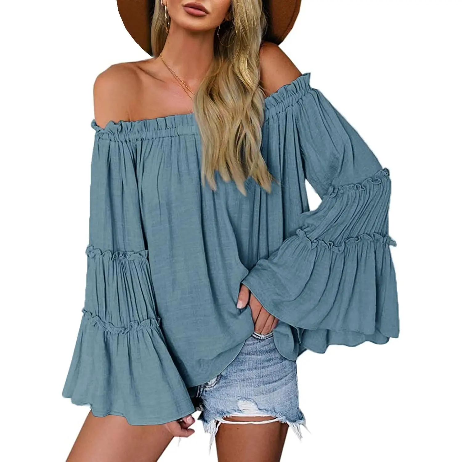Women's Off The Shoulder Blouse, Casual Long Bell Sleeve Top with Pleated Ruffles, Gorgeous Lightweight Loose-Fit Shirt for Beach Vacation