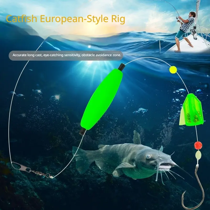 Long Cast European Style Carp Catfish Float Rig, Pre-Tied Tackle Set with EVA Buoy Circle Hooks Rattle Bell for Lake River Big Game Fishing European carp catfish rig, pre-tied float tackle set, long distance casting buoy, circle hook big game fishing,