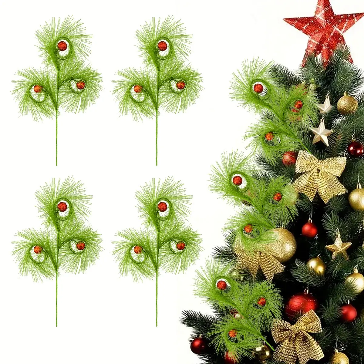 10Pcs Lime Green Furry Curly Christmas Tree Picks, Flexible Curly Stems with Red Glitter Balls, Xmas Wreath Table Centerpiece Arrangement Decor, Holiday DIY Christmas Tree Topper Ornaments