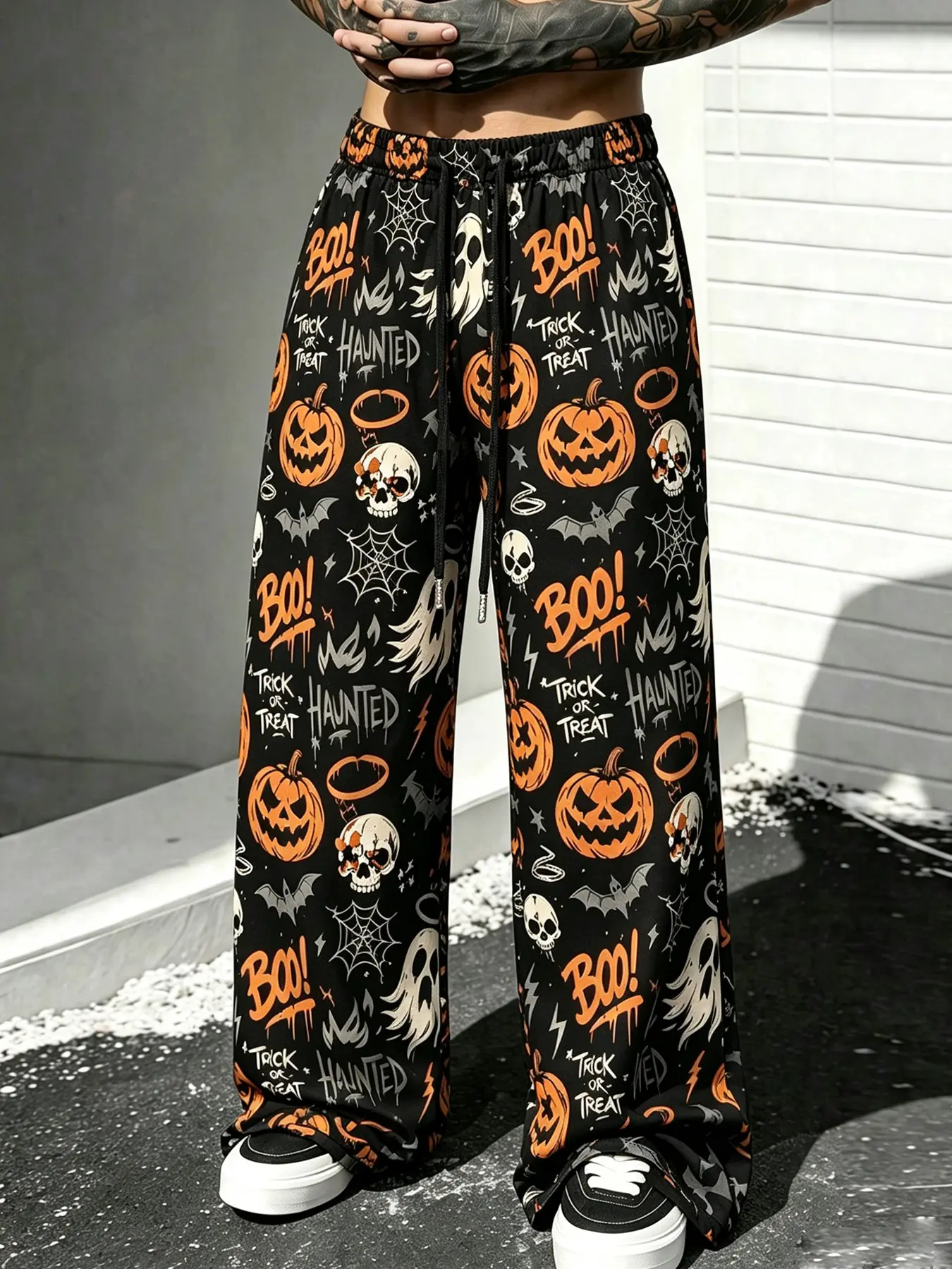 Men's Halloween Pumpkin Ghost Print Wide Leg Pants, Loose Drawstring Elastic Casual Long Pants, Perfect for Halloween Parties, Streetwear, Daily Wear