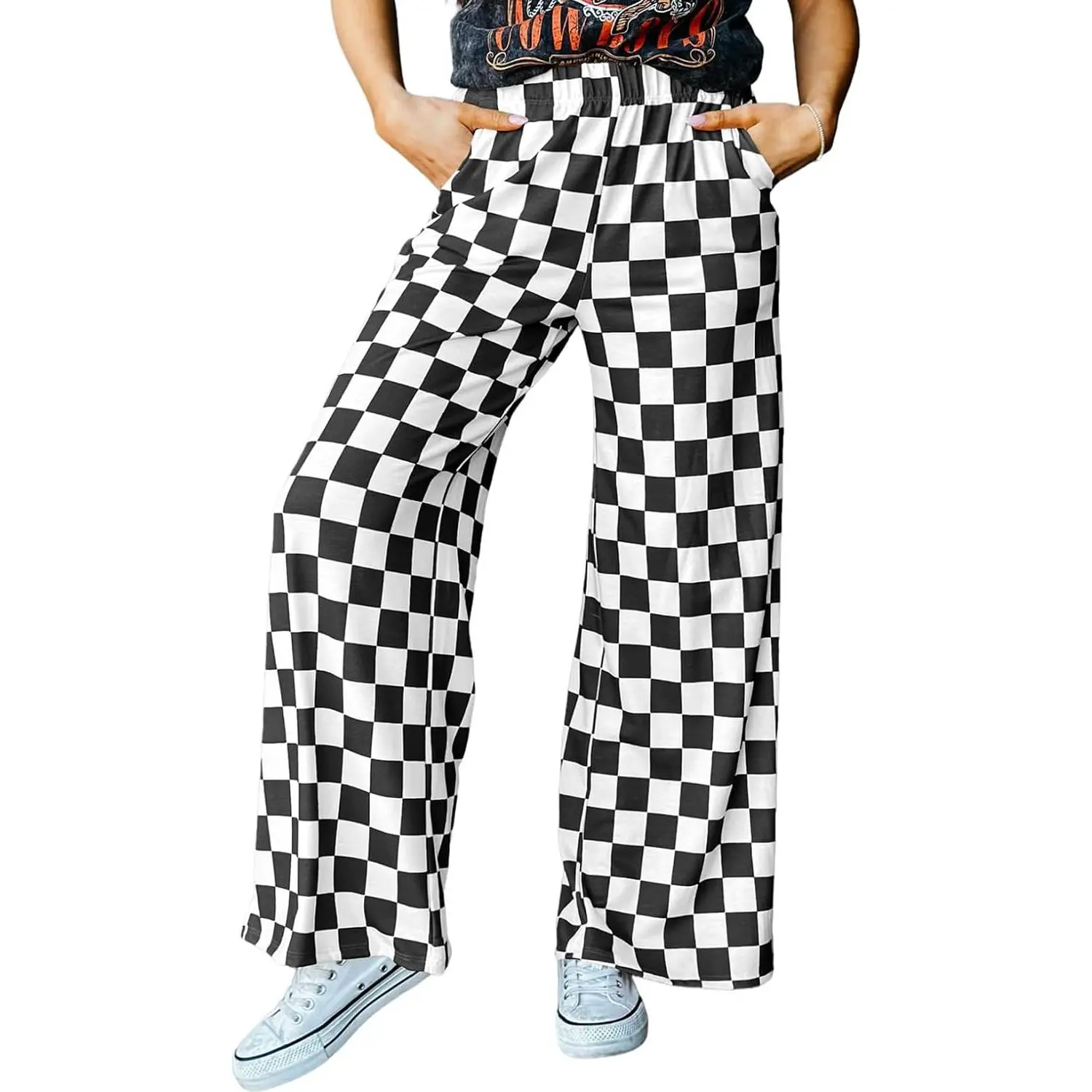Women's Casual Loose Checkered Wide Leg Pants High Waist Straight Lounge Y2K Gingham Trousers