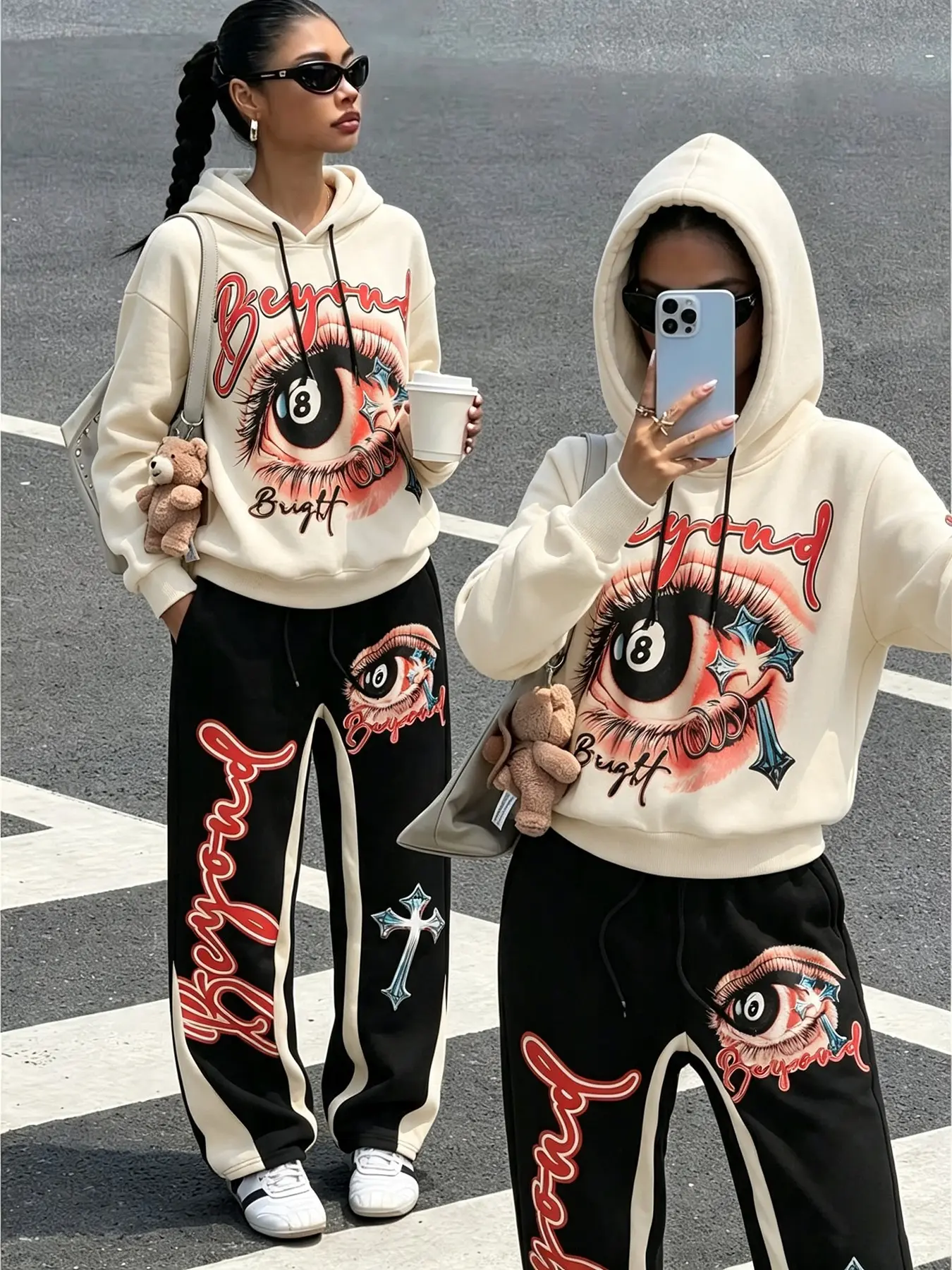 Women Y2K Streetwear 2 Piece Tracksuit, Bold Graphic Print Cropped Hoodie, Wide Leg Sweat Pants, Soft Fleece Co-Ord Set