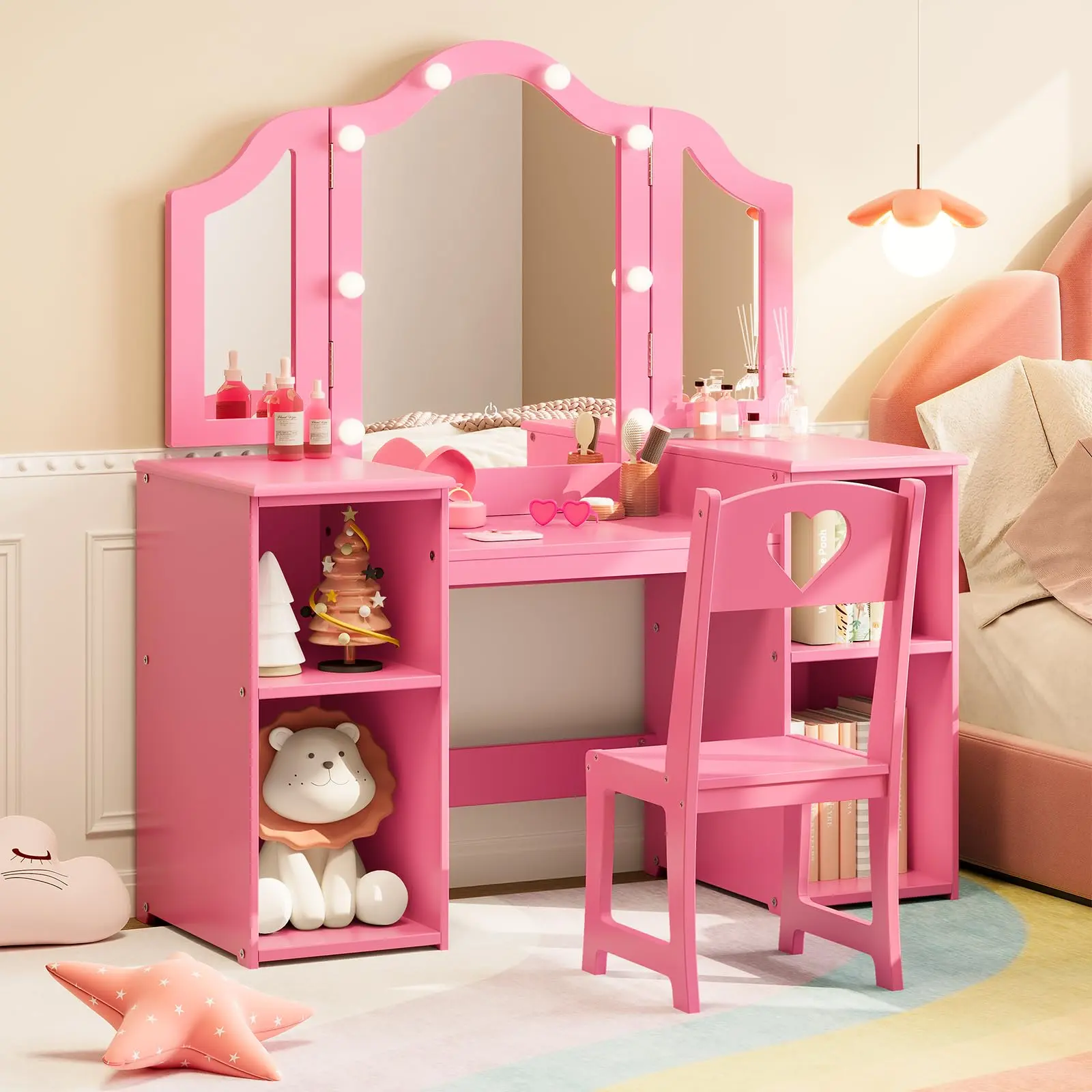 Garvee - Children's Dresser Play Set with Mirror, 2-in-1 Wooden Dresser Table with Stool, Foldable Mirror and Drawer, Removable Top, Princess Simulation Play Set for Girls