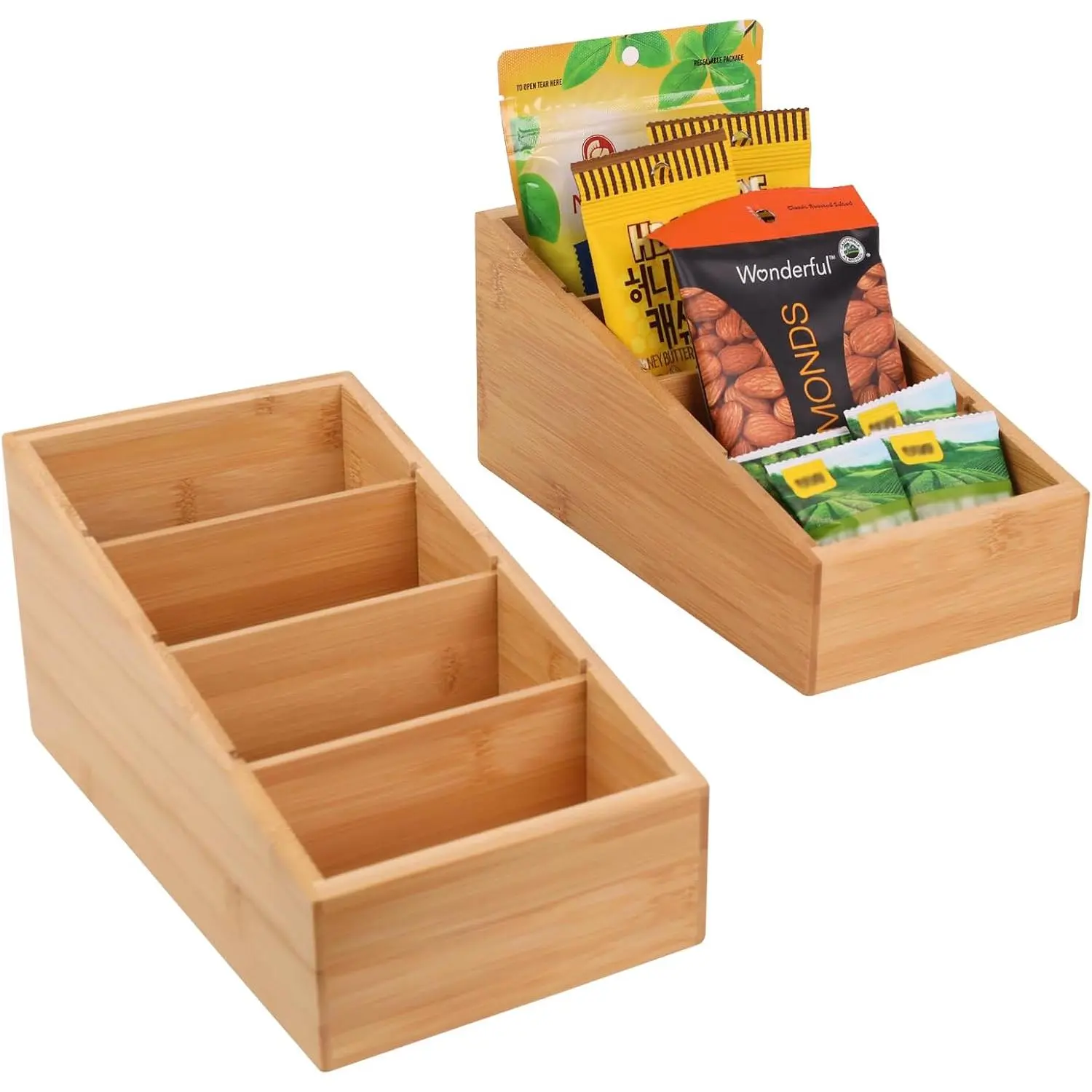 4-Section Snack Organizer with Removable Dividers for Kitchen, Cabinet, Office, Countertop, 2 Pack  Pantry Storage Organization for  Packets, Seasoning Pouches, Coffee Pods