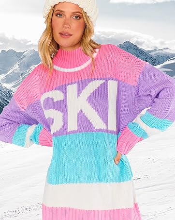 Yousify Womens Sweaters Fall 2024 Oversized Color Block Ski Sweater Crewneck Winter Tops S-2XL