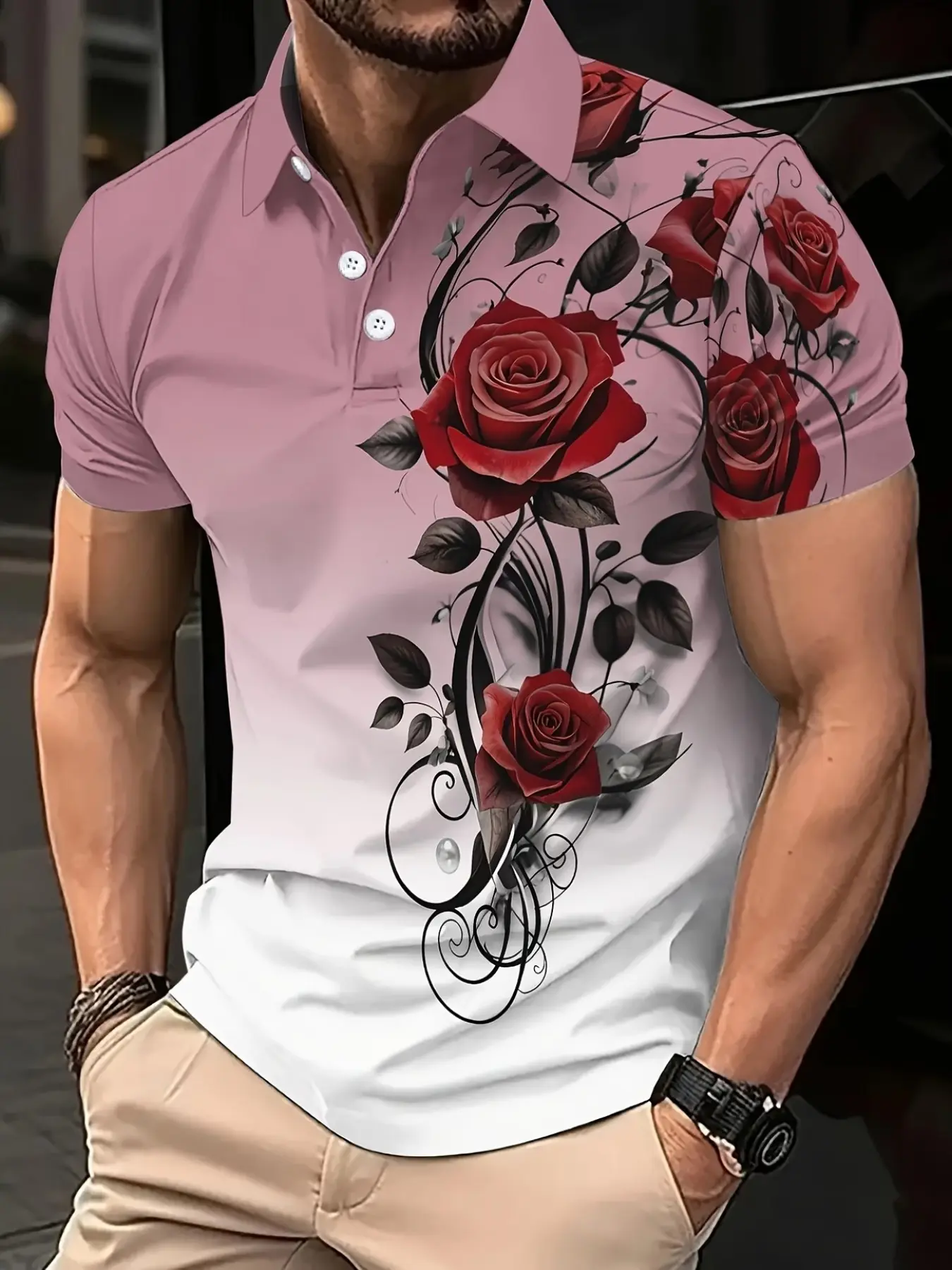 Men's Fashion Elegant Rose Series Polo Shirt, Summer Gift Perfect Choice, Casual Short Sleeve Fitted Top, All Seasons Wear