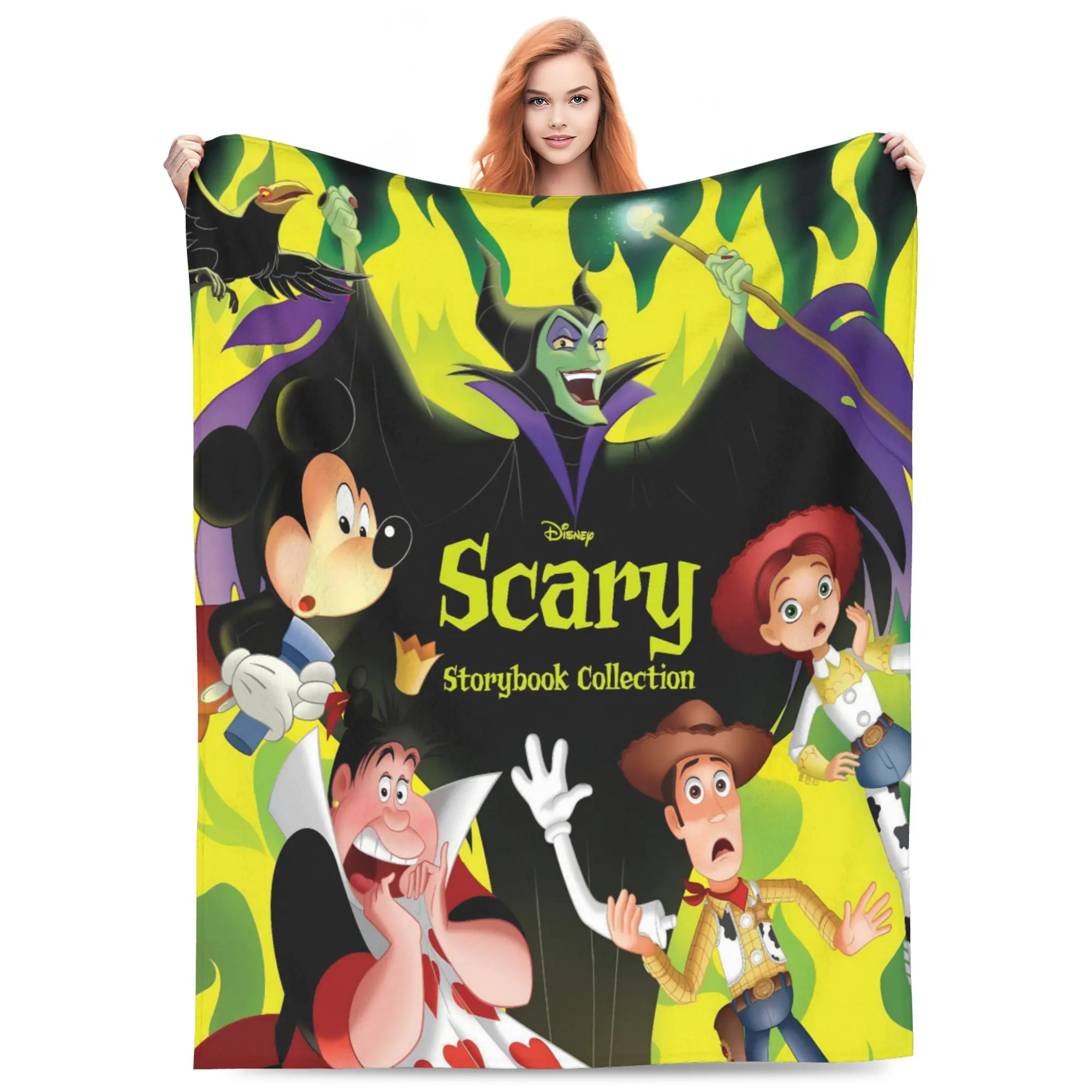 DISNEY CLASSIC Scary Storybook Collection Throw Blanket, Maleficent Mickey Woody Jessie Queen of Hearts Spooky Green Flame Background Cartoon Print Flannel Fleece Blanket Soft Cozy Blanket for Sofa Bed Gift for Kids Halloween Disney Fans