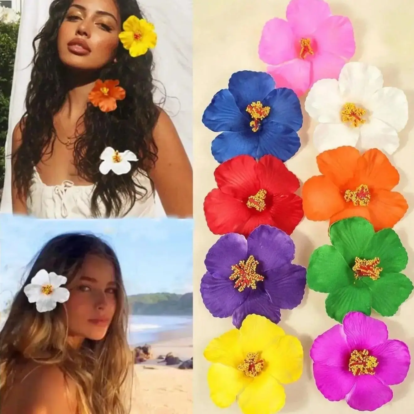 Women's Hibiscus Flower Hair Clips, 4 or 9 Piece Boho Tropical Set, Lightweight Waterproof PVC Hair Accessories for Summer Beach Outfits, Hair Clip