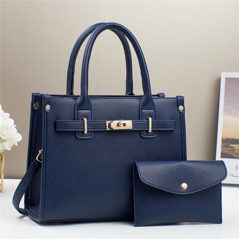 BIGWIG Women's Fashion Casual Solid Color Large Capacity Handbag Two-piece Set, Imitation Leather Handbag, Matching Wallet and Purse, Shoulder Crossbody Bag, PU Leather quality woman