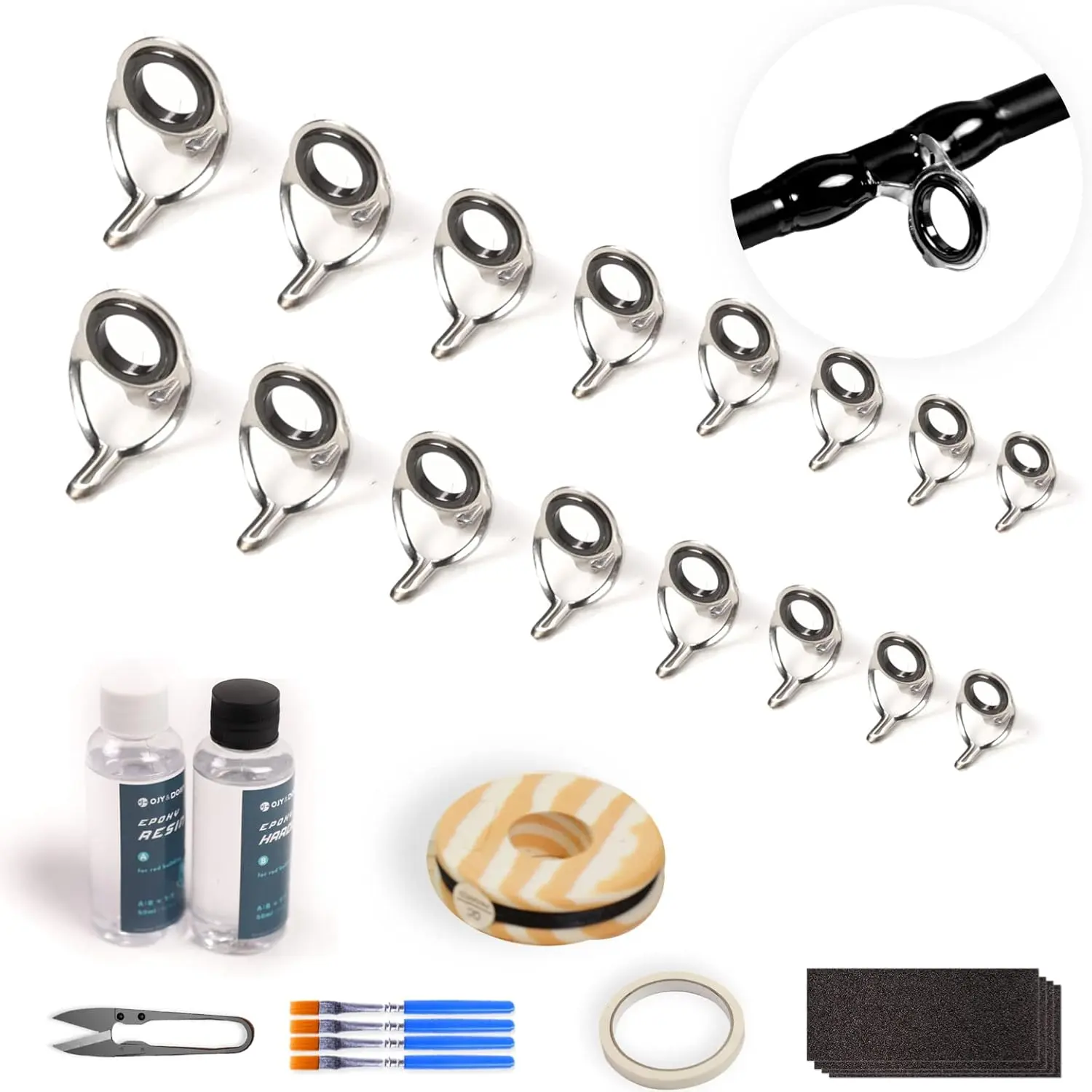 Fishing Rod Repair Kit, All-in-One Supplies  Fishing Pole Eyelets Replacement with Rod Guides,Epoxy Glue,Wrapping Thread and Tape