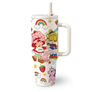 1 Pc 40 Oz Stainless Steel Insulated Tumbler with Handle and Foldable Straw, Rainbow Girl and Strawberry Sweet Design, Double Wall Thermal Mug, Hot 12H/ Cold 24H, Fun Drinkware, Perfect Gift for Easter, Mother's Day, Birthday and Holidays.