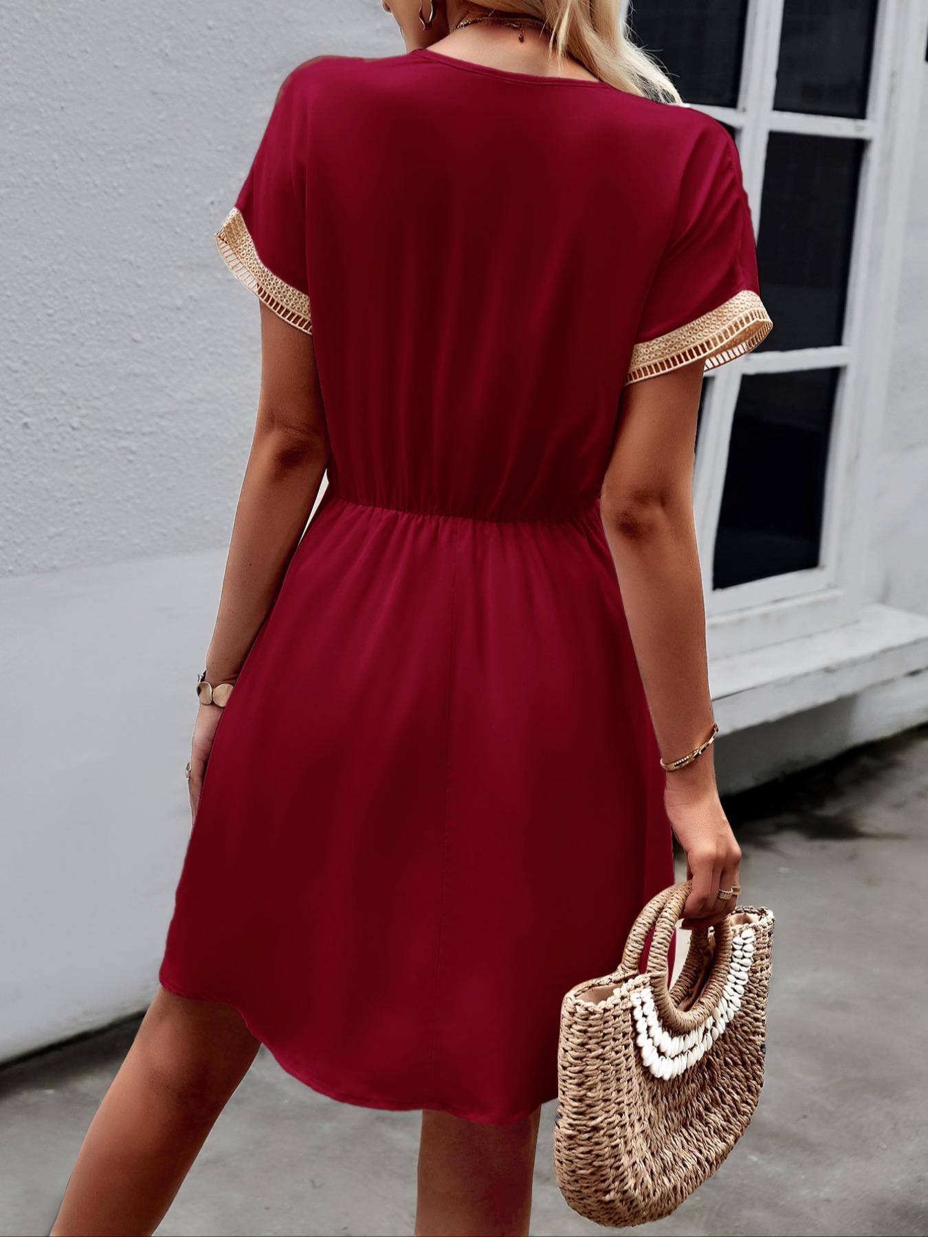 Women's Patchwork Tie Front Dress, Elegant Casual Chic Short Sleeve V Neck Fitted Dress for Summer, Fashion Women's Clothes for Daily Wear, Womenswear, Boho Clothes, Shortsleeve, Lady