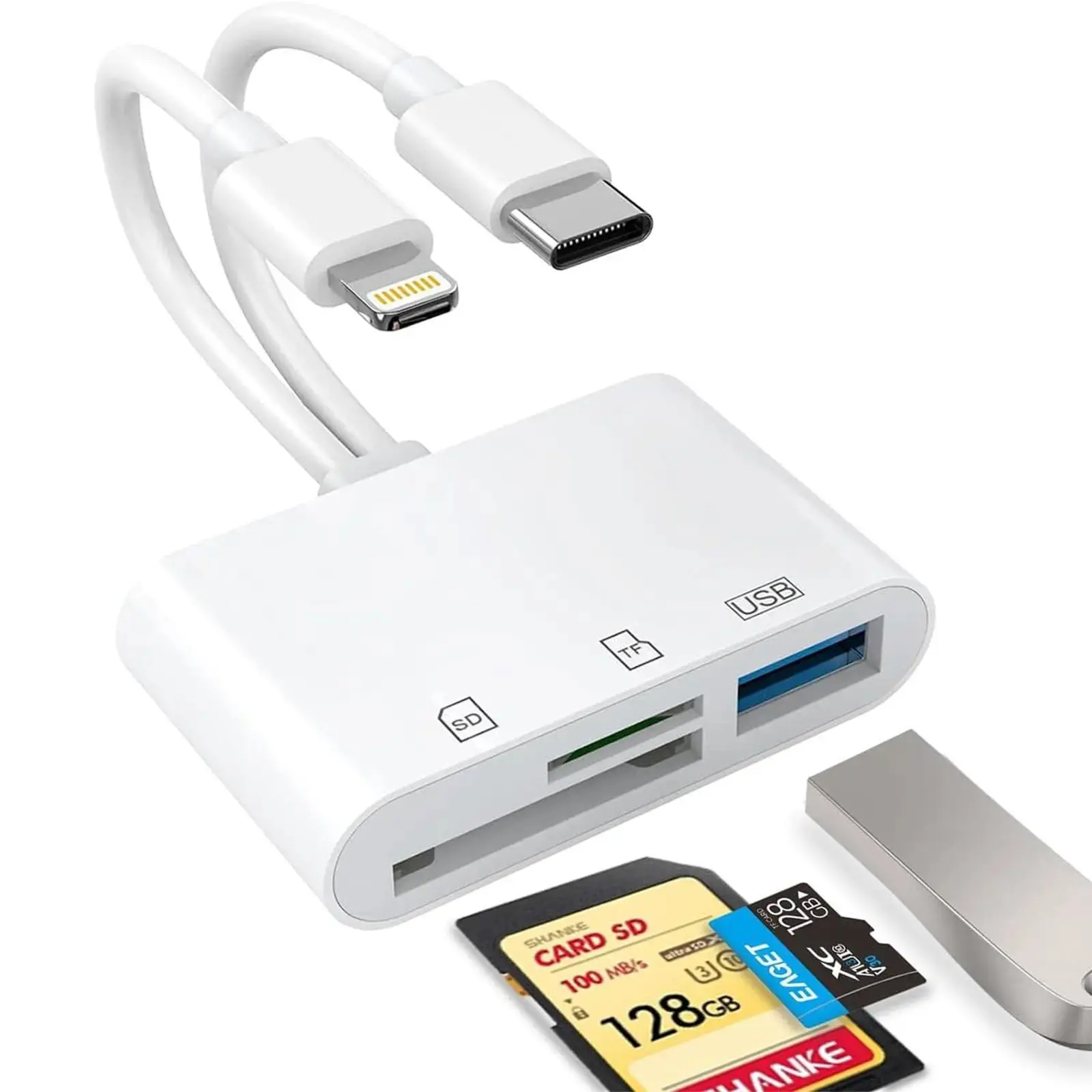 5-in-1 SD Card Reader for iPhone,iPad,USB-C Devices, Lightning/USB-C Dual Port Adapter, Supports SD/MicroSD & USB 3.0, Fast Transfer, Plug & Play, No App Needed Usb C
