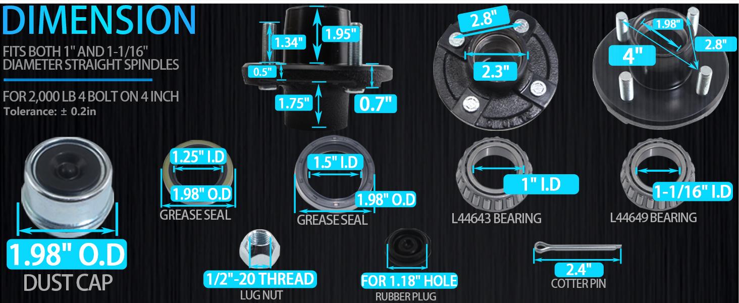 STANDARD GOODS 2 Sets Trailer Hub Kit 4 Bolt 4, Trailer Axle Kit for 2000 lb 4 Lug Trailer Hub Fits 1" and 1-1/16" Spindle with Extra Dust Cap and Rubber Plug