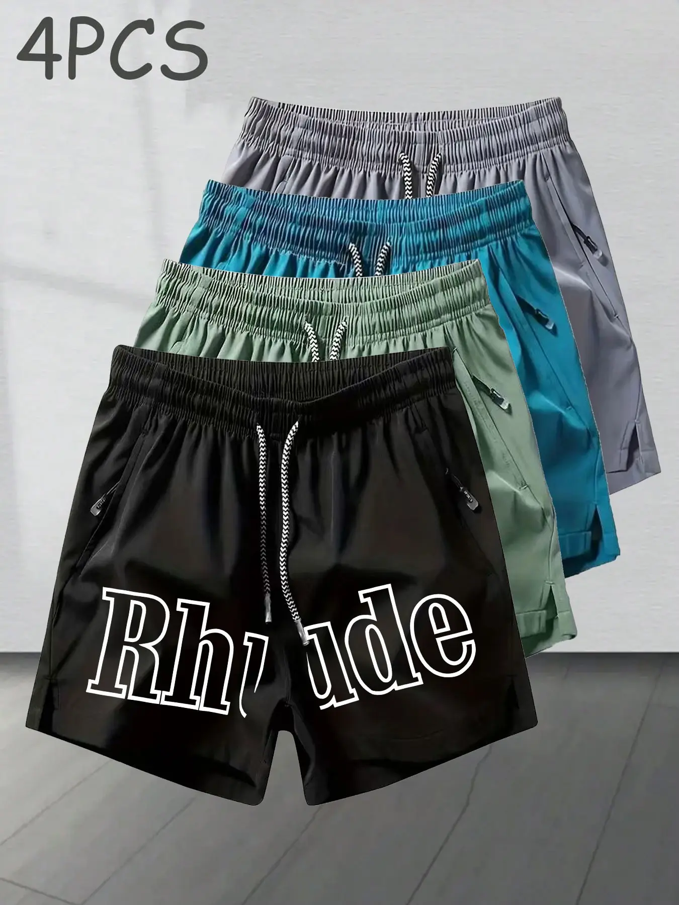 4 Pcs Men's Quick-Dry Ice Silk Shorts, Large Letter Print, Zip Pocket, Elastic Drawstring, Casual Sporty Beachwear, Breathable Five-Panel Pants