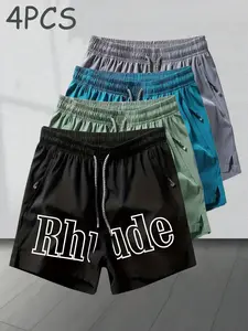 4 Pcs Men's Quick-Dry Ice Silk Shorts, Large Letter Print, Zip Pocket, Elastic Drawstring, Casual Sporty Beachwear, Breathable Five-Panel Pants
