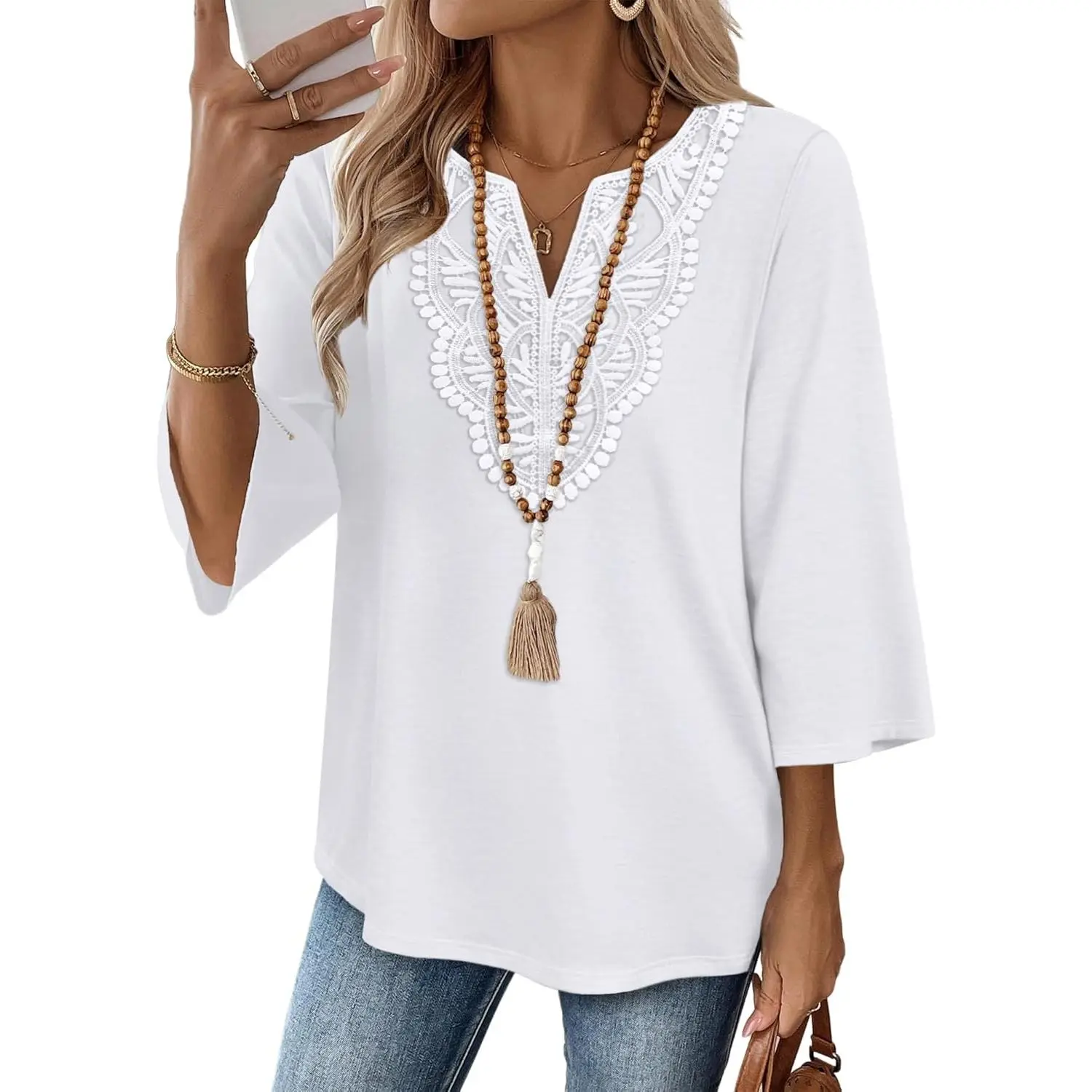 3/4 Length Sleeve Womens Tops Boho V Neck Lace Shirt Trendy Blouses Dressy Casual Vacation Clothes S-3XL