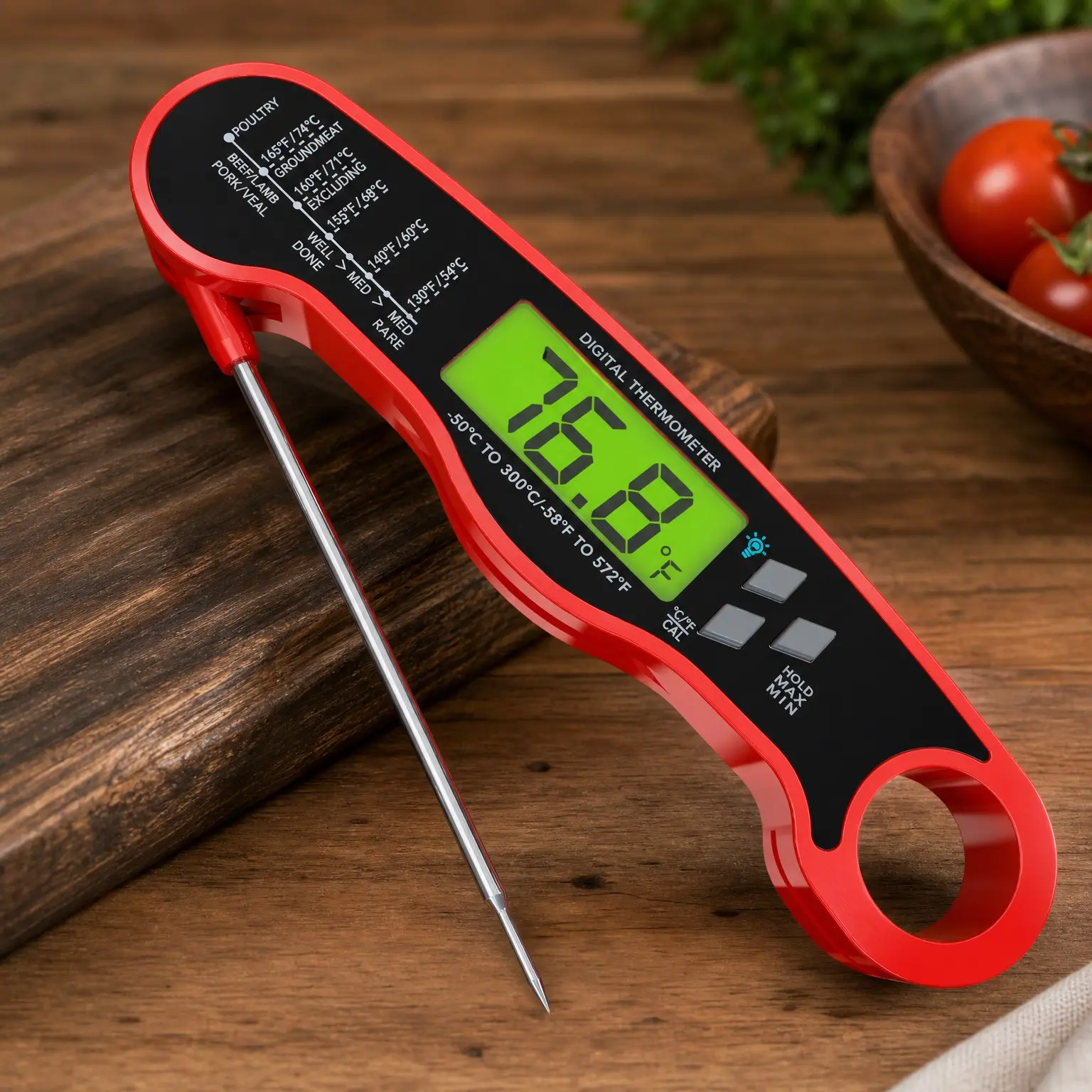 Meat Thermometer Digital Instant Read Waterproof with Backlight, F/C Switch, Doneness Chart for BBQ, Candy, Oil - Red