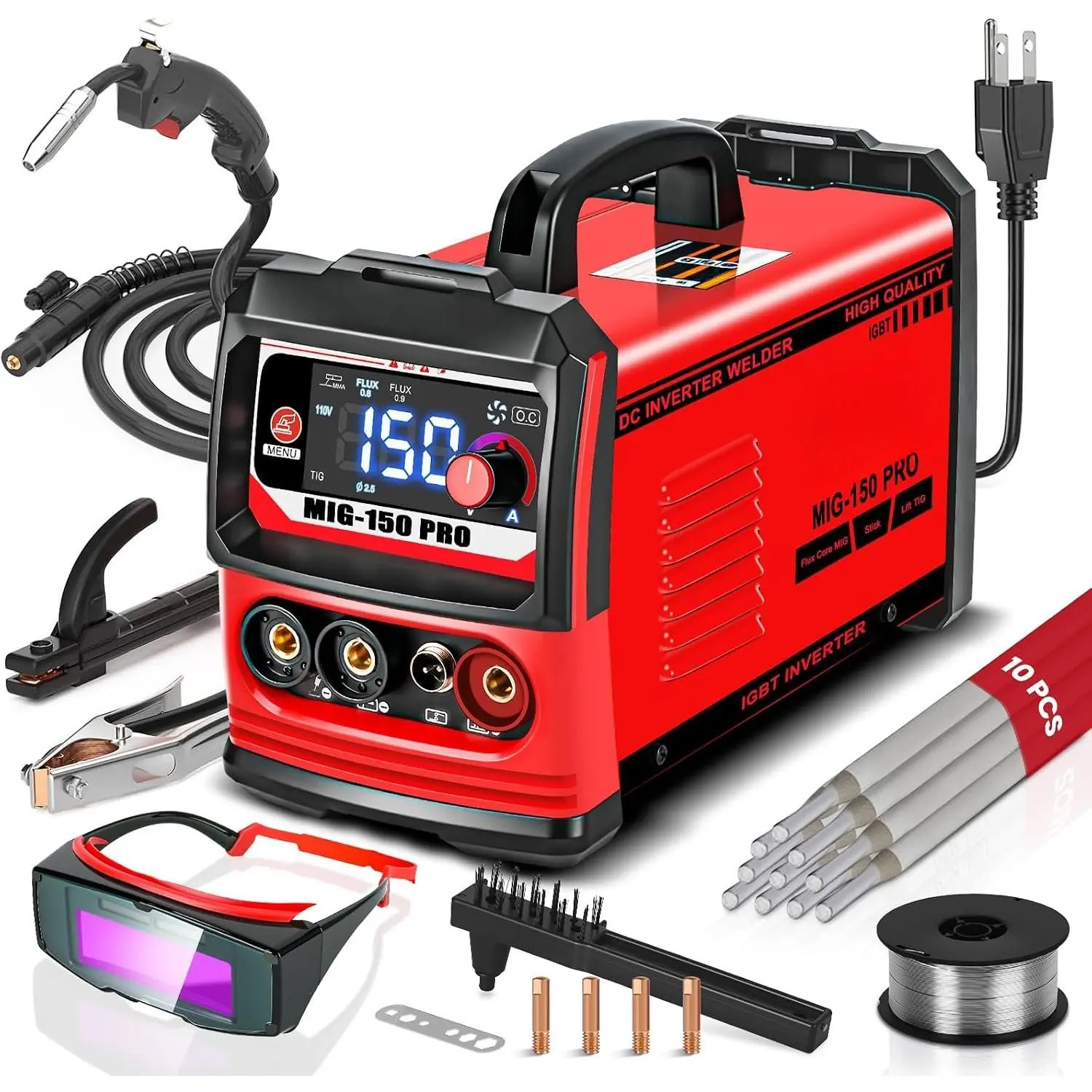Multiprocess Portable MINI Welder, MIG/TIG/Stick 3 IN 1 Welding Machine | IGBT Inverter Beginner-Friendly MIG Welder Machine with Auto-Darkening Goggles, 150A Flux Core Welder for  DIY