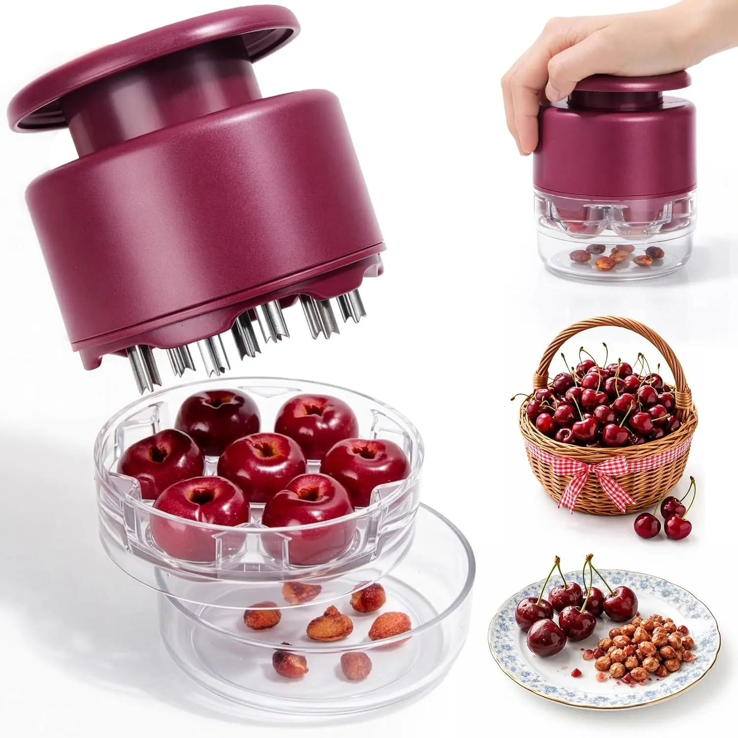 Upgraded 7 Hole Stainless Steel Cherry Pitter with Layer Separation Anti-Splash Cover Professional Cherry Pit Remover for Baking Red Kitchen Gadget