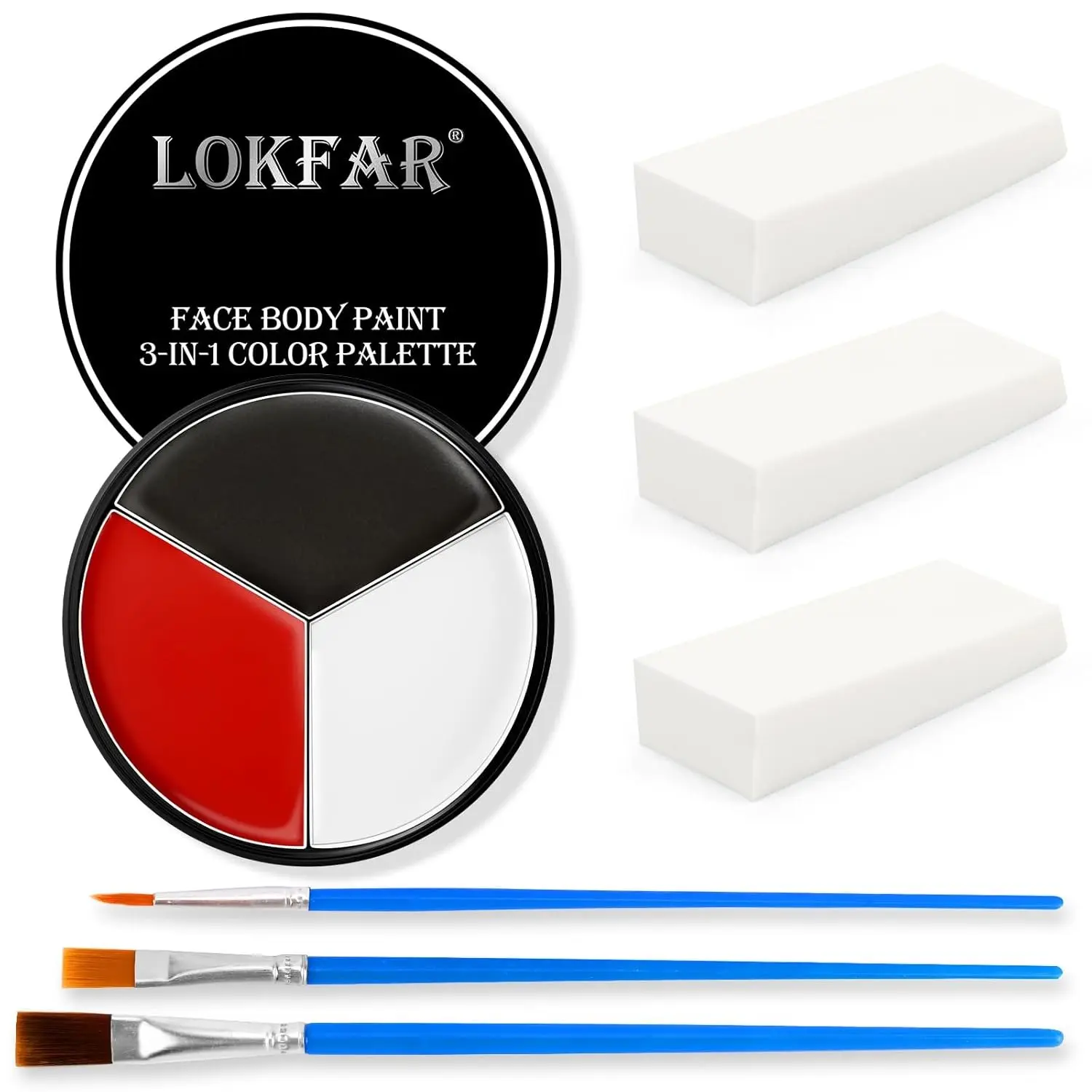 Professional Black, White, Red Face Paint & Makeup Kit - Blendable Foundation with Sponge, Brush for Skin, Costume Wear for Halloween Zombie, Clown, Vampire Looks