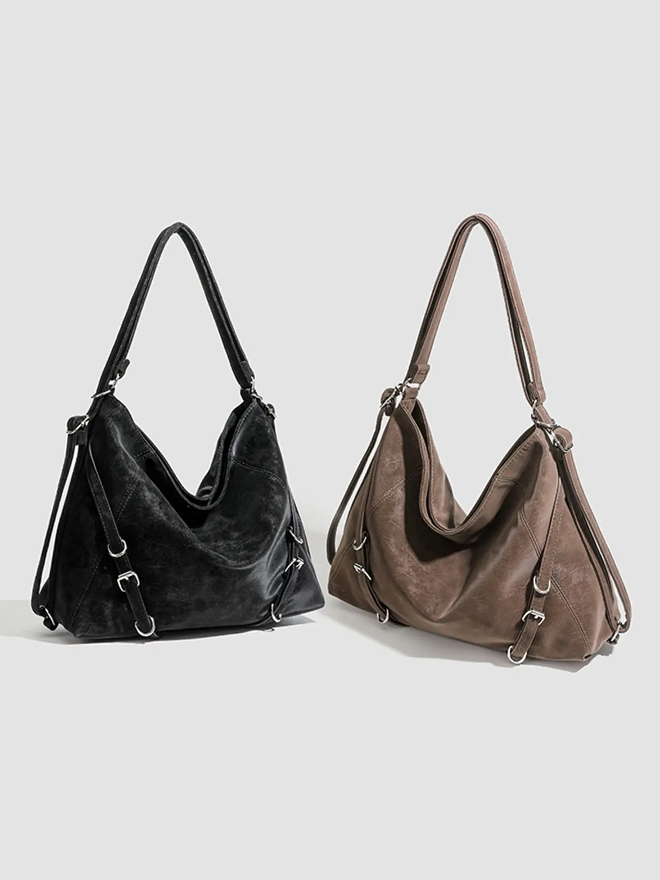 2 In 1 Vintage Distressed Leather Hobo Bag, Convertible Shoulder Backpack Tote Bag with Adjustable Metal Strap, Large Capacity Vegan Leather Multiway Crossbody Handbag, Crossbody Shoulder Bags