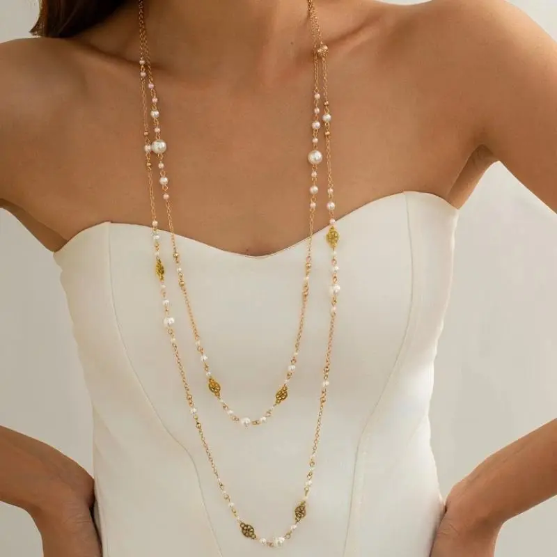 Women's Retro French Long Pendant Necklace, Double-Stacked Cluster Necklaces with Hollow Star Shapes & Imitation Pearls, Daily Wear Costume Jewelry Accessories, Cluster Pendants, Crystal Metal, Hollow Stars, Unisex Wear