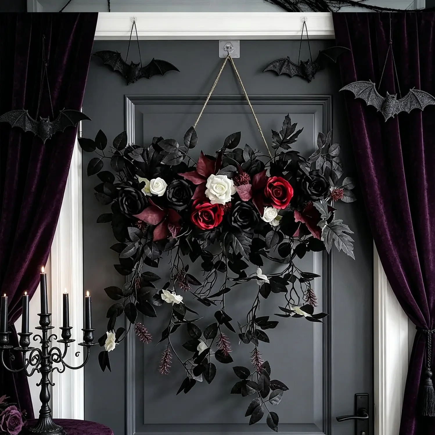 Elegant Artificial Flower Decorative Door Sign, Porch Floral Decoration, Welcome Wreath, Wall-Mounted Door Sign, Halloween, Fall, Christmas