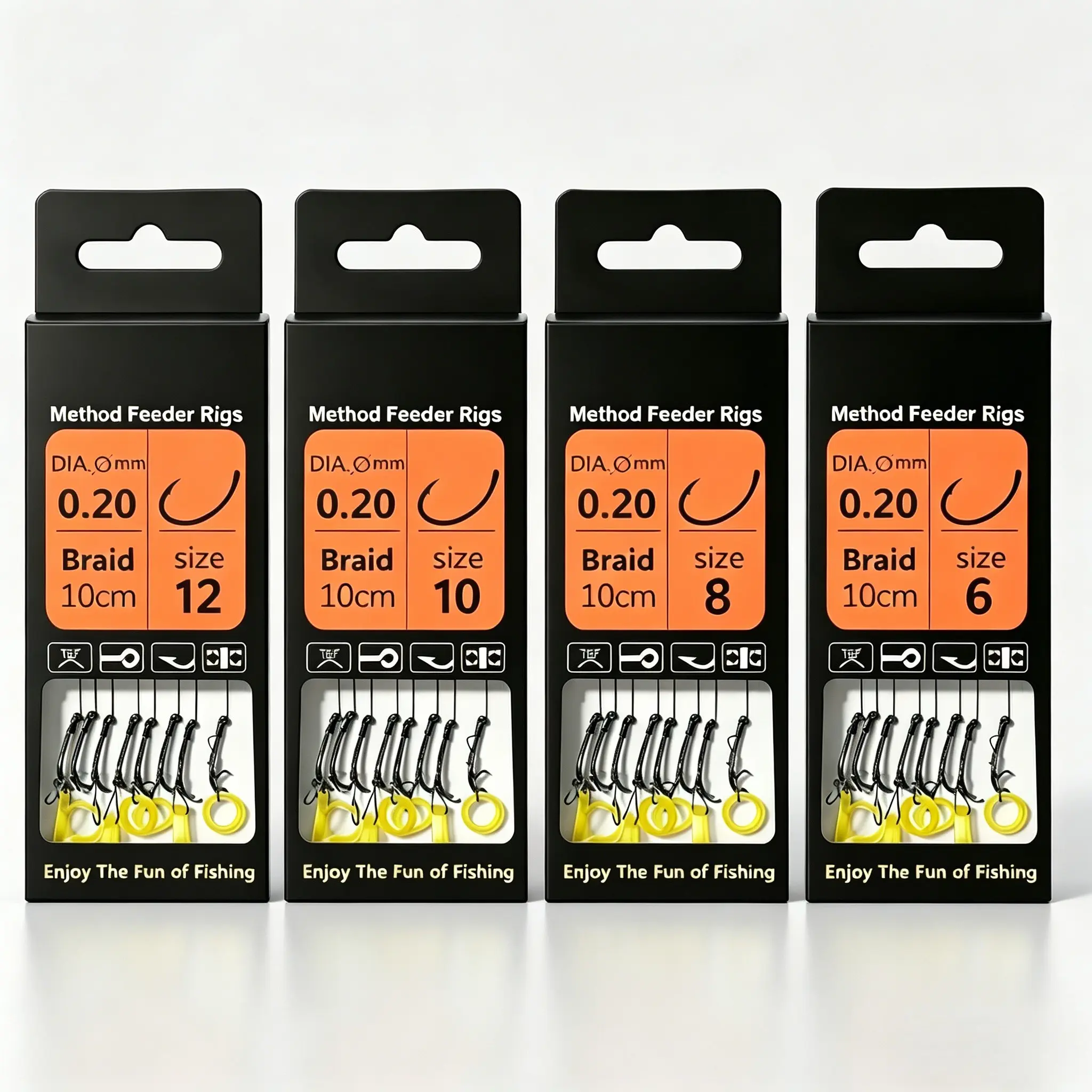 Assorted 6/8/10/12 Method Feeder Rigs With Yellow Bait Rings 10cm 0.20mm Braided Line Pre Tied Carp Fishing Hook Rigs Outdoor Fishing Accessory