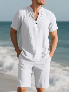 2026 Cross-Border Summer American Loose Linen Men's Henley Shirt Short Sleeve Shorts Two-Piece Set, Casual Loose-Fitting Suit