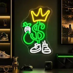 1pc Dollar Money Neon Sign, Hip Hop Street Style LED Wall Light, Green Yellow White Acrylic Decor, USB Powered Hanging Lamp with Crown, Money Bag and Sneakers for Bedroom, Game Room, Dorm, Office, Party Space, Gift for Hustle Fans and Cool Room Decor Wall