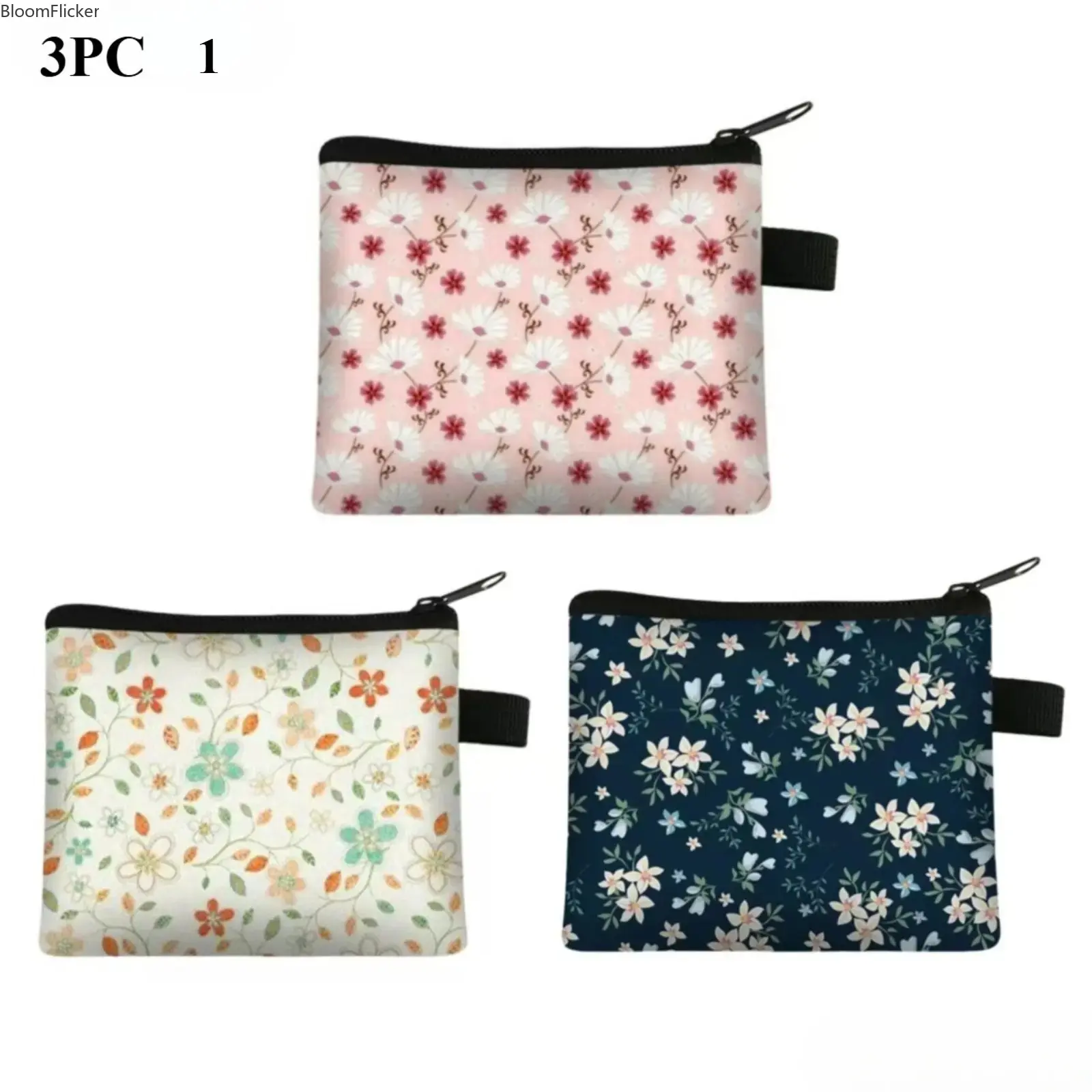 3PC Women's Floral Coin Purse Card Holder Mini Square Pouch | Portable Key Coin Change Storage Bag, Lightweight Multi‑Compartment Small Wallet for Daily Commute, Shopping & Casual Outdoor Use