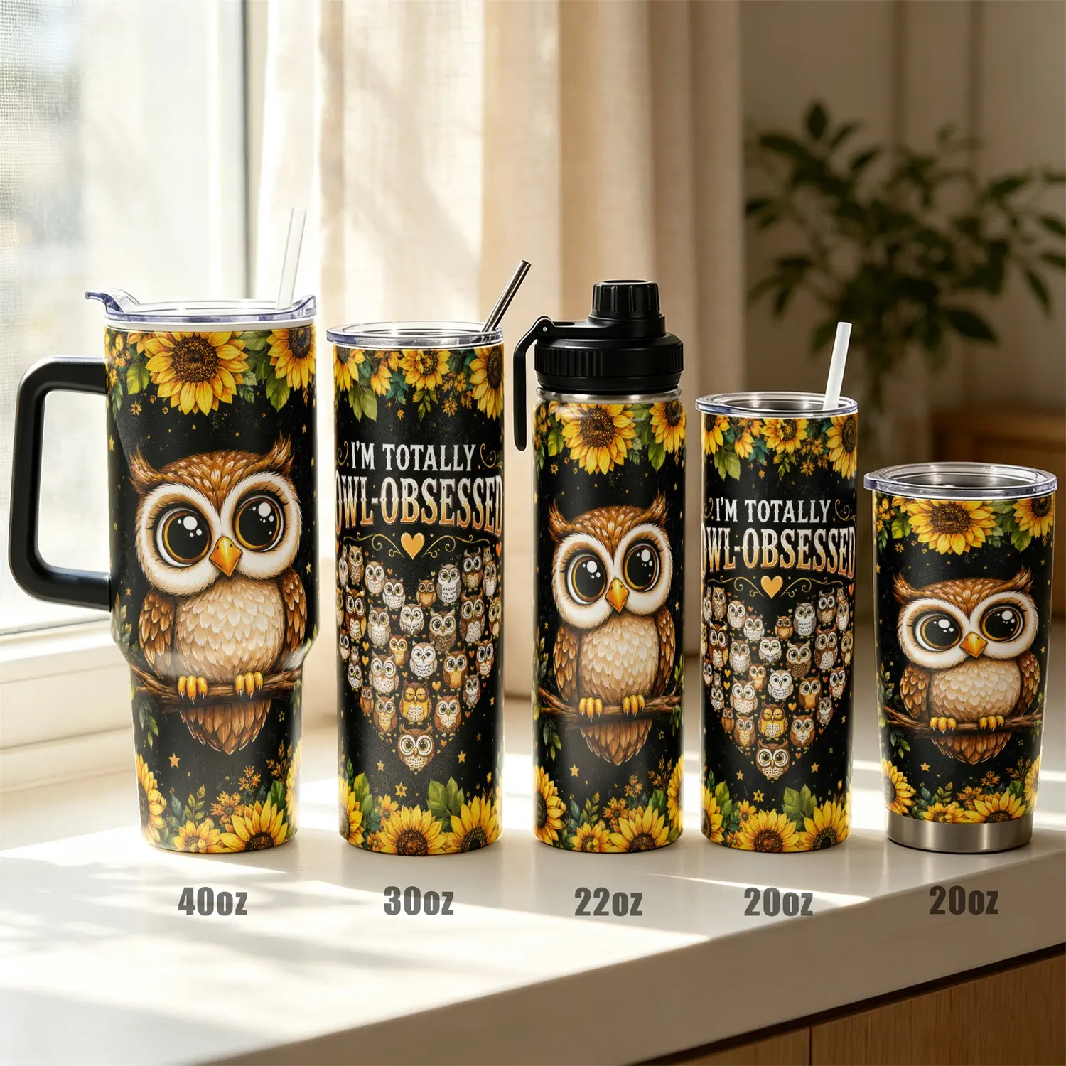 1pc,40oz/30oz/22oz/20oz Owl Obsessed Tumbler, Vacuum Insulated Stainless Steel Cup with Leak Proof Lid, 12H Cold 8H Hot Insulated Travel Mug for Gym Office Commute, Cute Owl Sunflower Gifts for Friends Family Birthday Christmas Ba