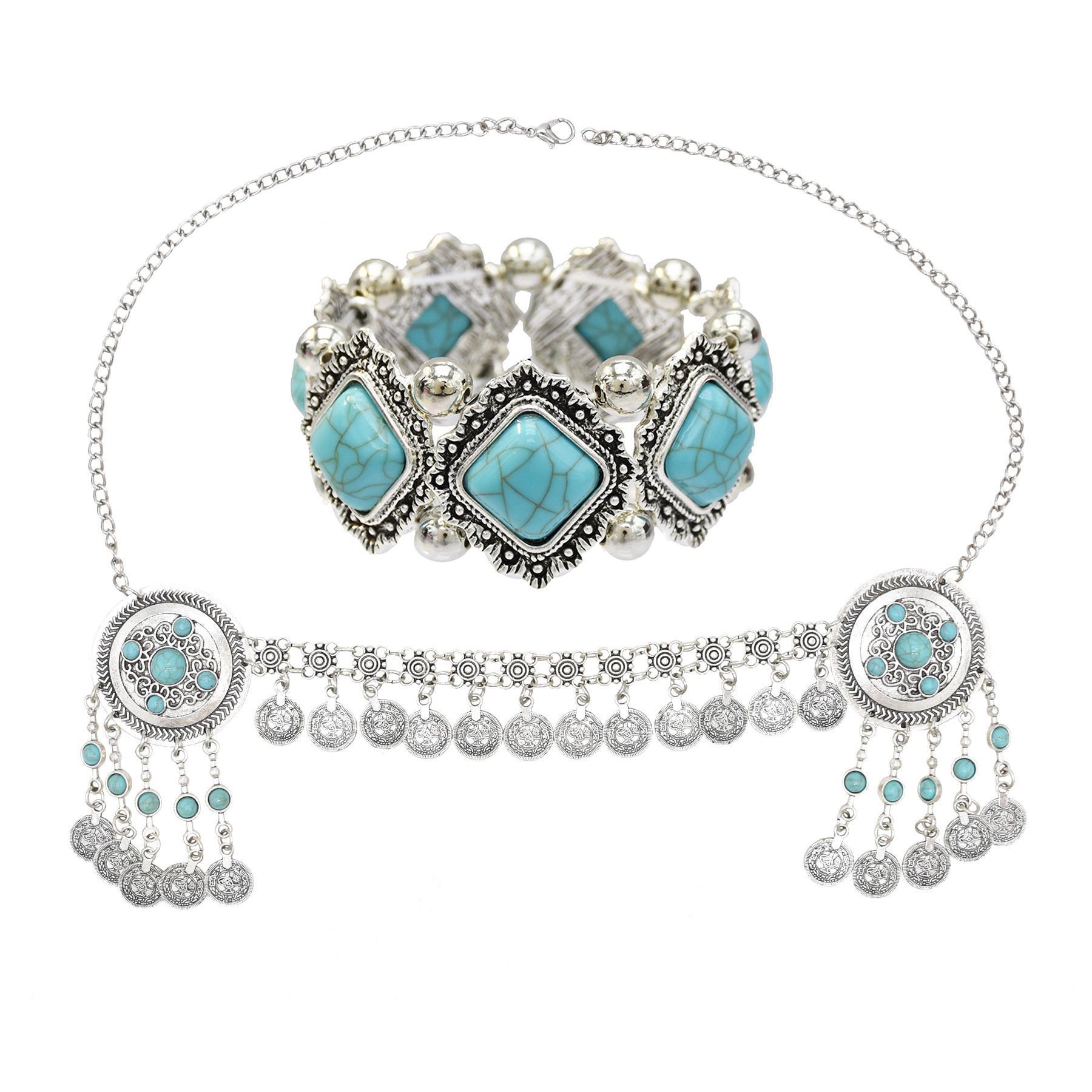 Traditional Kazakhstan Ethnic Coins Bracelet Hair Accessories  for Women Vintage Nepalese Tibetan Clothing Headwear Jewelry Set