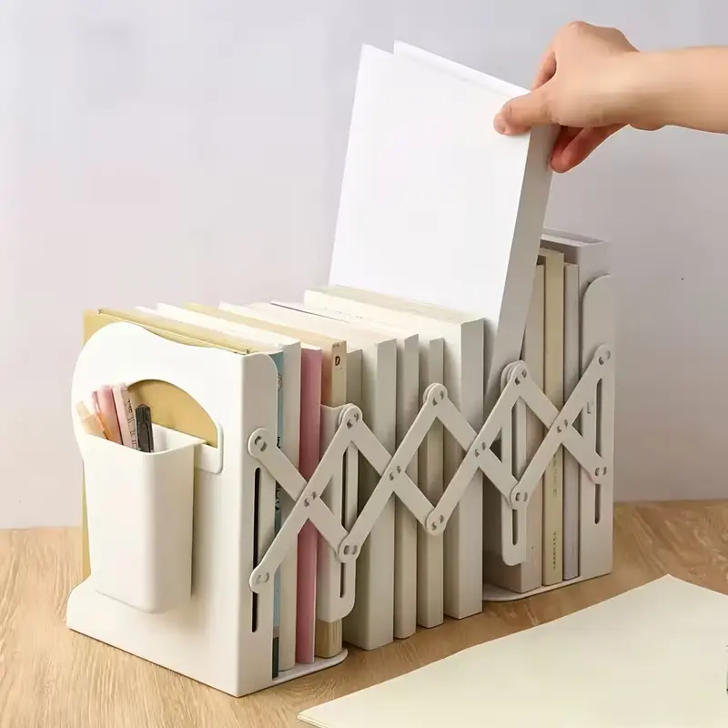 Adjustable Expandable Bookends with Side Pen Holder, Space Saving Retractable Desktop Book Organizer for Student Office Study