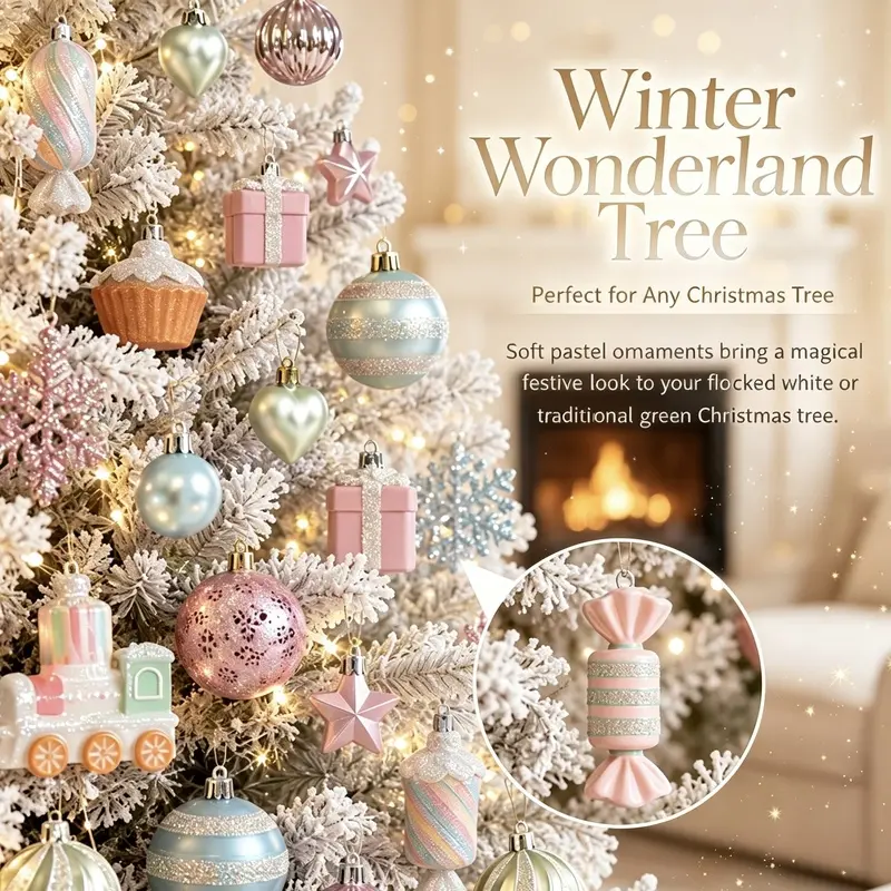 A set of macaron candy Christmas balls in a cute fairy tale style, with various painted designs, made of durable and waterproof plastic, suitable for home, living room, garden decoration, shopping mall and store displays, and as gifts for friends