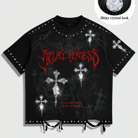 Unisex loose-fit cotton T-shirt featuring a red Gothic-style cross print with rhinestone trim, a subtle religious cross pattern, and a distressed, shredded hem; a casual, short-sleeved streetwear staple with a crew neck; Graphic Tee Top; Tops